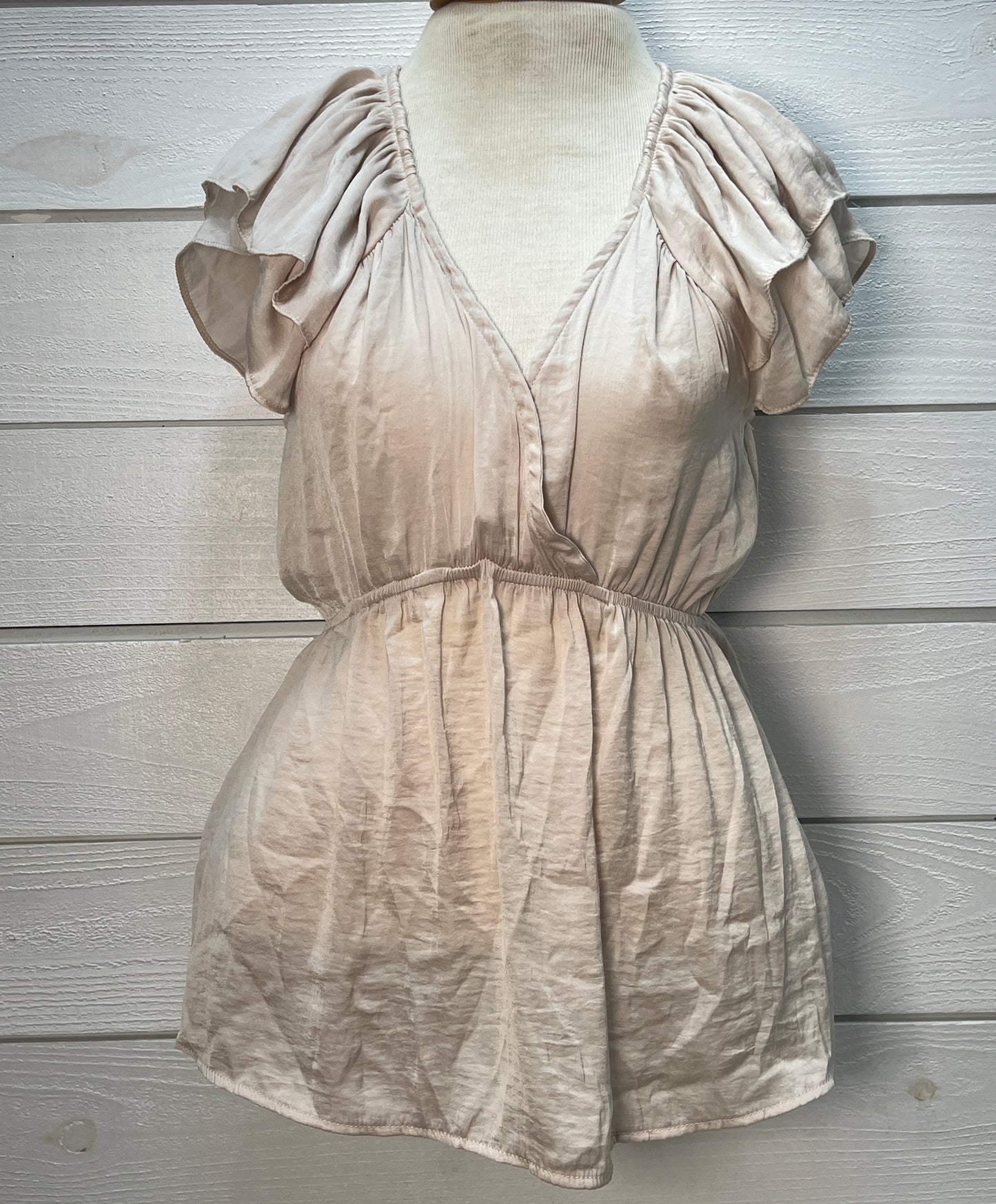 Silky V Neck Elastic Flutter Sleeve Top