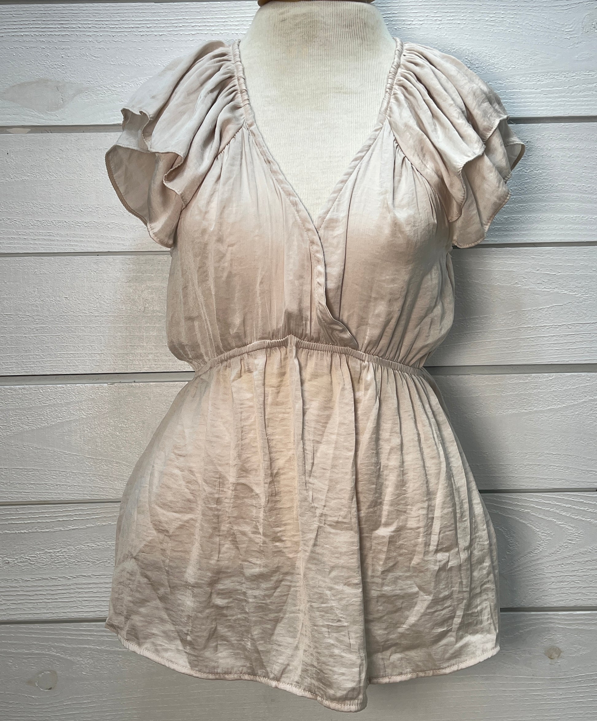 Silky V Neck Elastic Flutter Sleeve Top