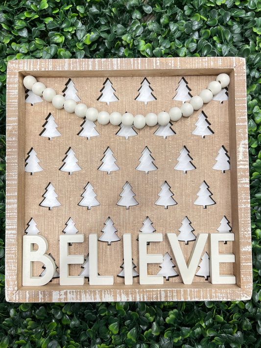 Believe Inset Tree Cutout Box Sign