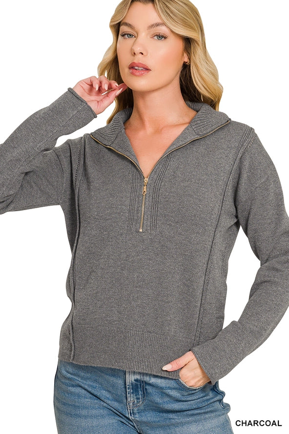 Viscose Half Zip High Neck Sweater Zenana