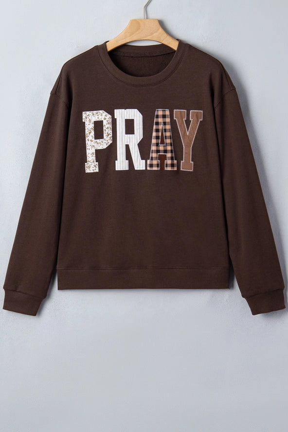 Juniper Blvd Embroidered Pray Plaid Letter Patchwork Sweatshirt