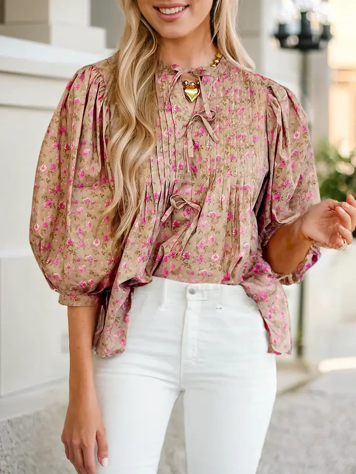 Ditsy Floral Print Bow Front Puff Sleeve Blouse