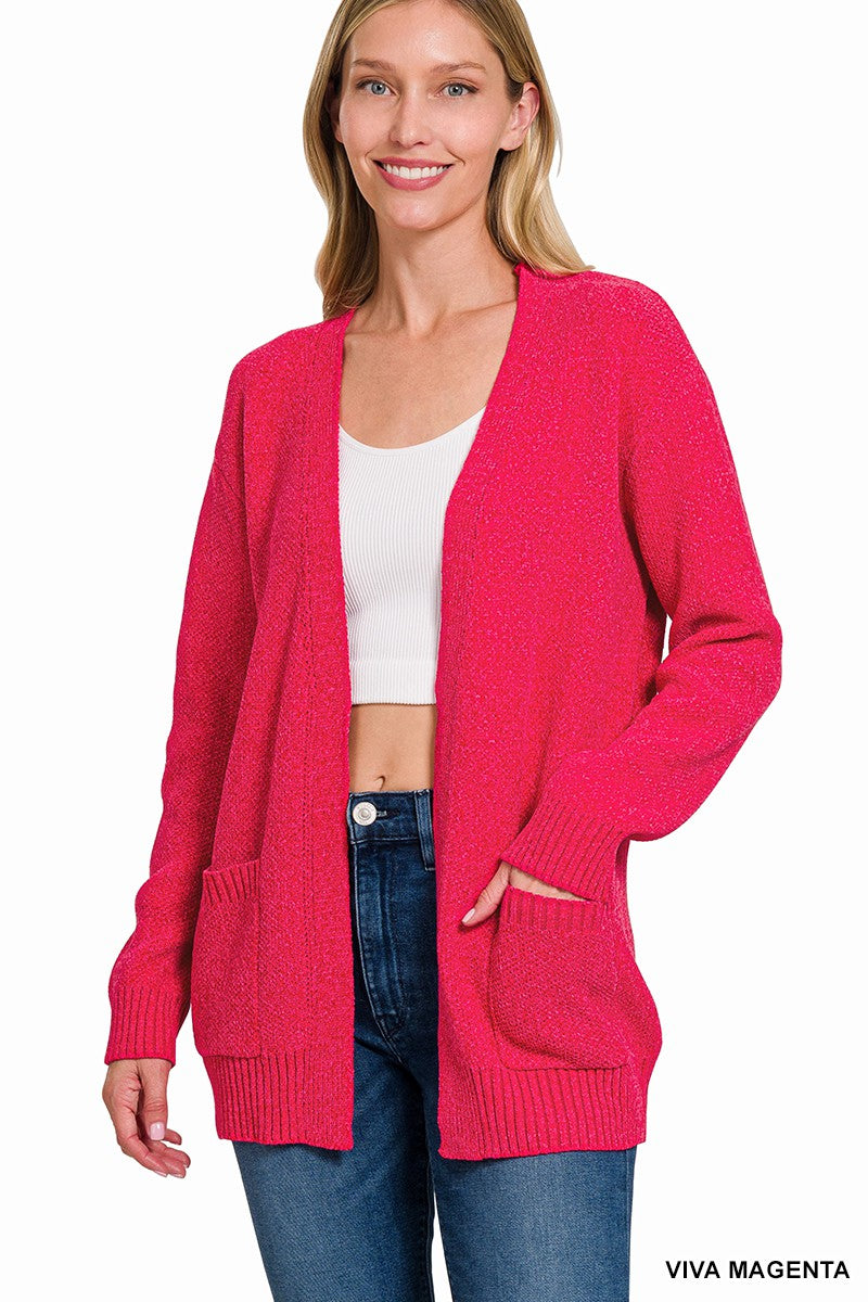 Viva Magenta Melange Open Front Sweater Cardigan