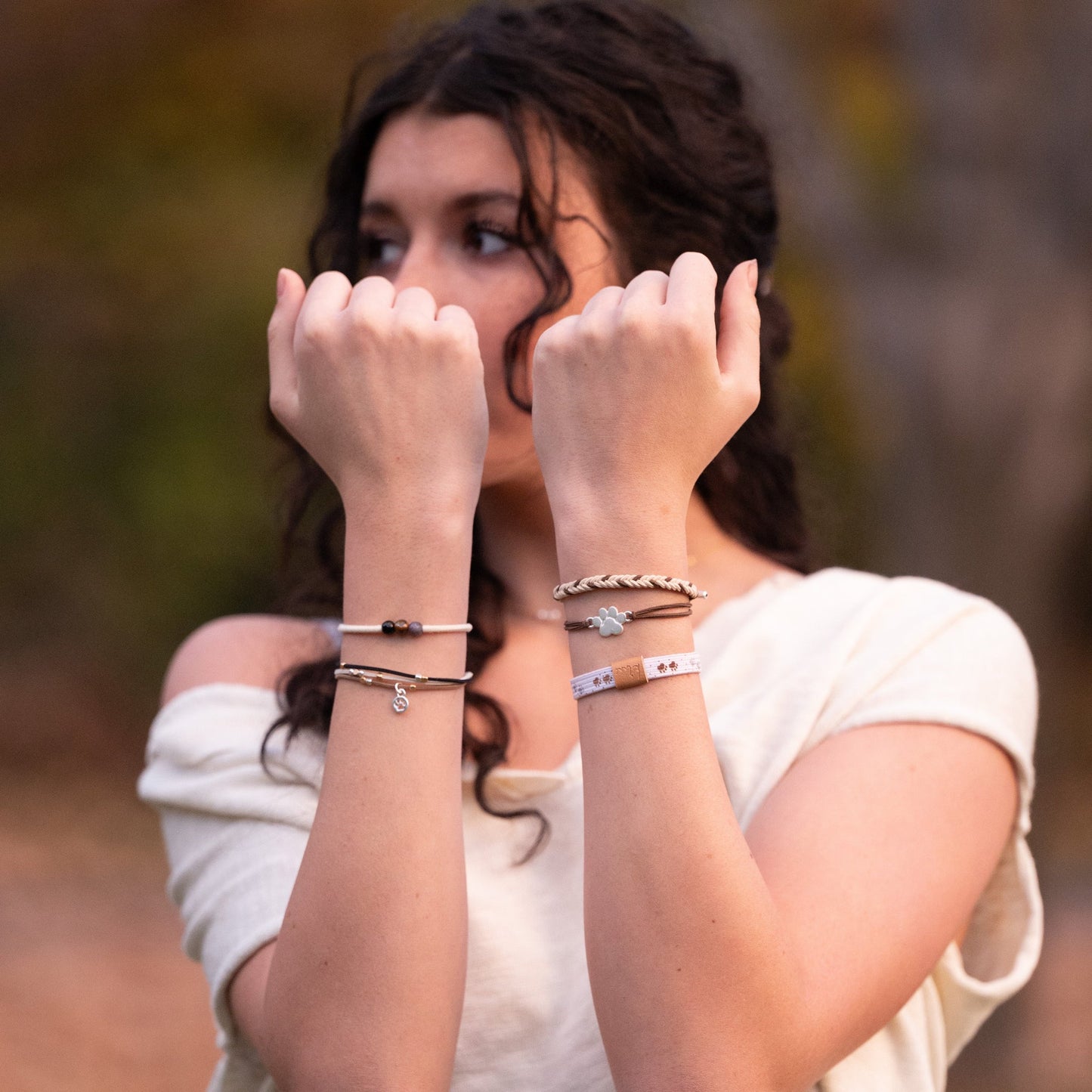 "Paws" Natural Hues with Silver & Paw Accents Hair Tie Bracelet