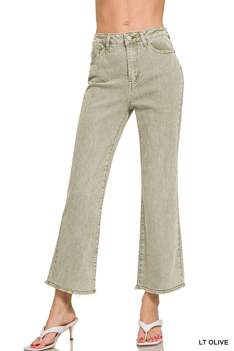 Acid Washed High Waist Frayed Hem Bootcut Pants