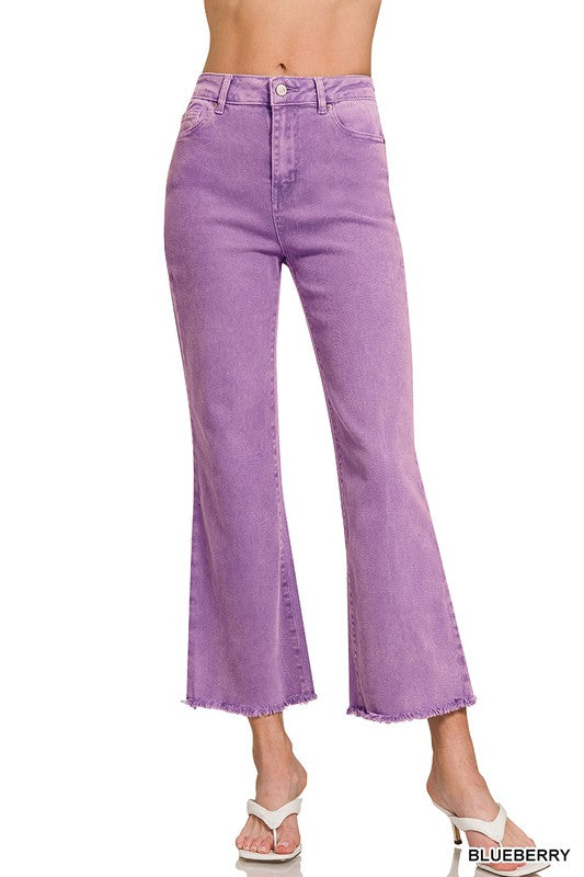Acid Washed High Waist Frayed Hem Bootcut Pants
