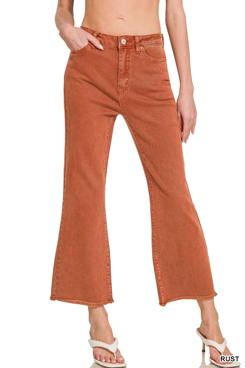 Acid Washed High Waist Frayed Hem Bootcut Pants