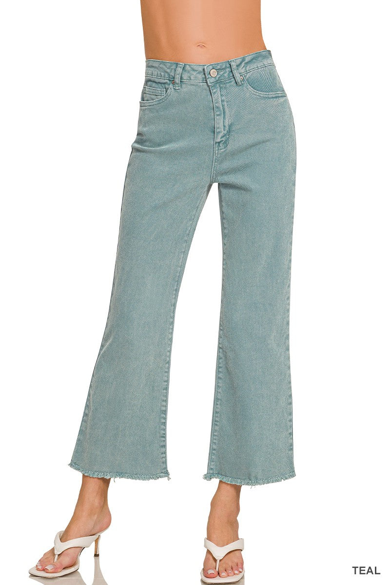 Acid Washed High Waist Frayed Hem Bootcut Pants