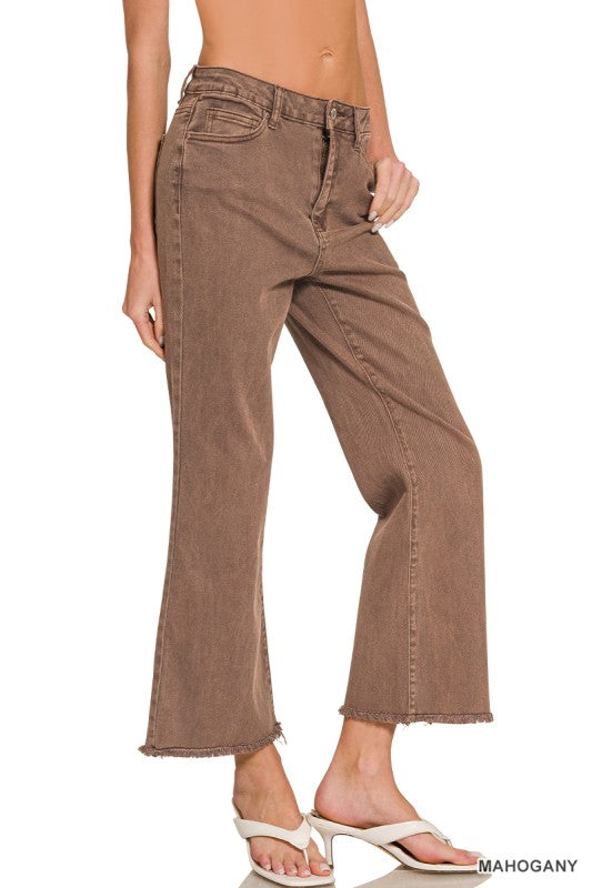 Acid Washed High Waist Frayed Hem Bootcut Pants