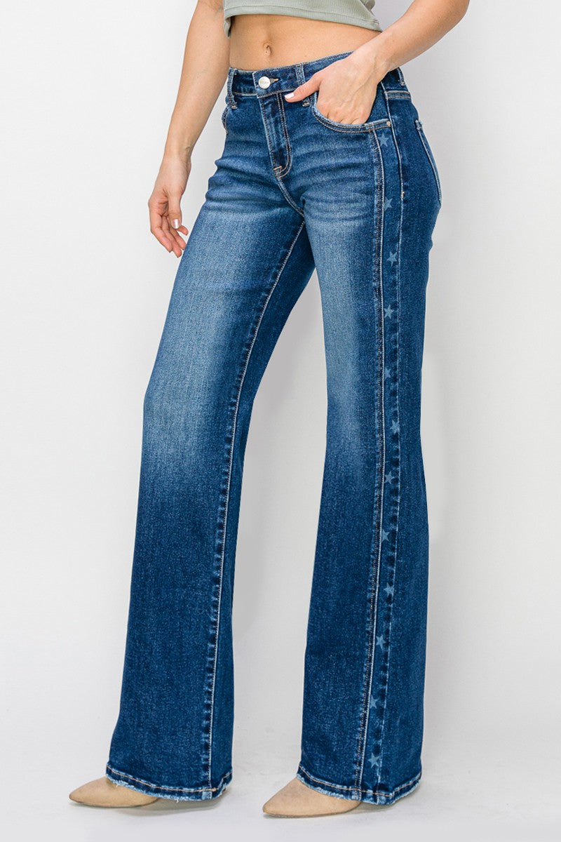 Mid Rise Side Star Print Detail Straight Jeans