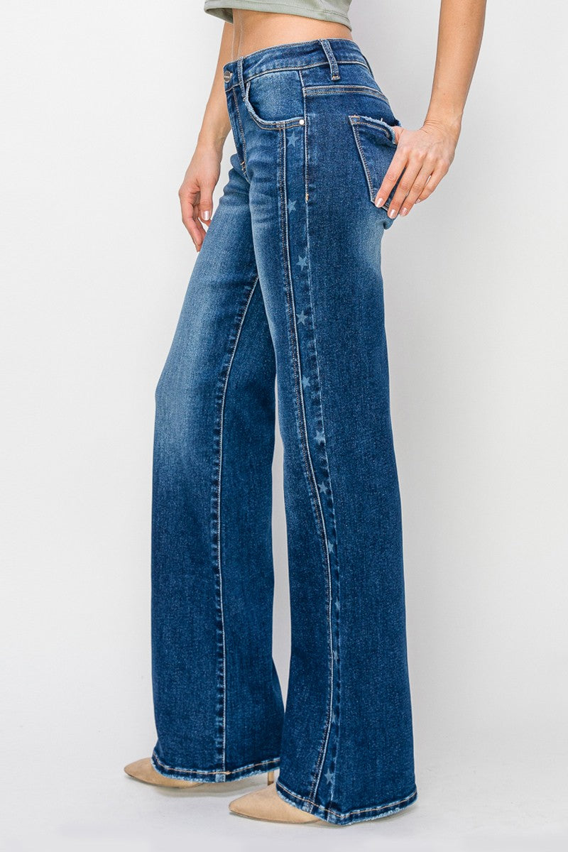 Mid Rise Side Star Print Detail Straight Jeans