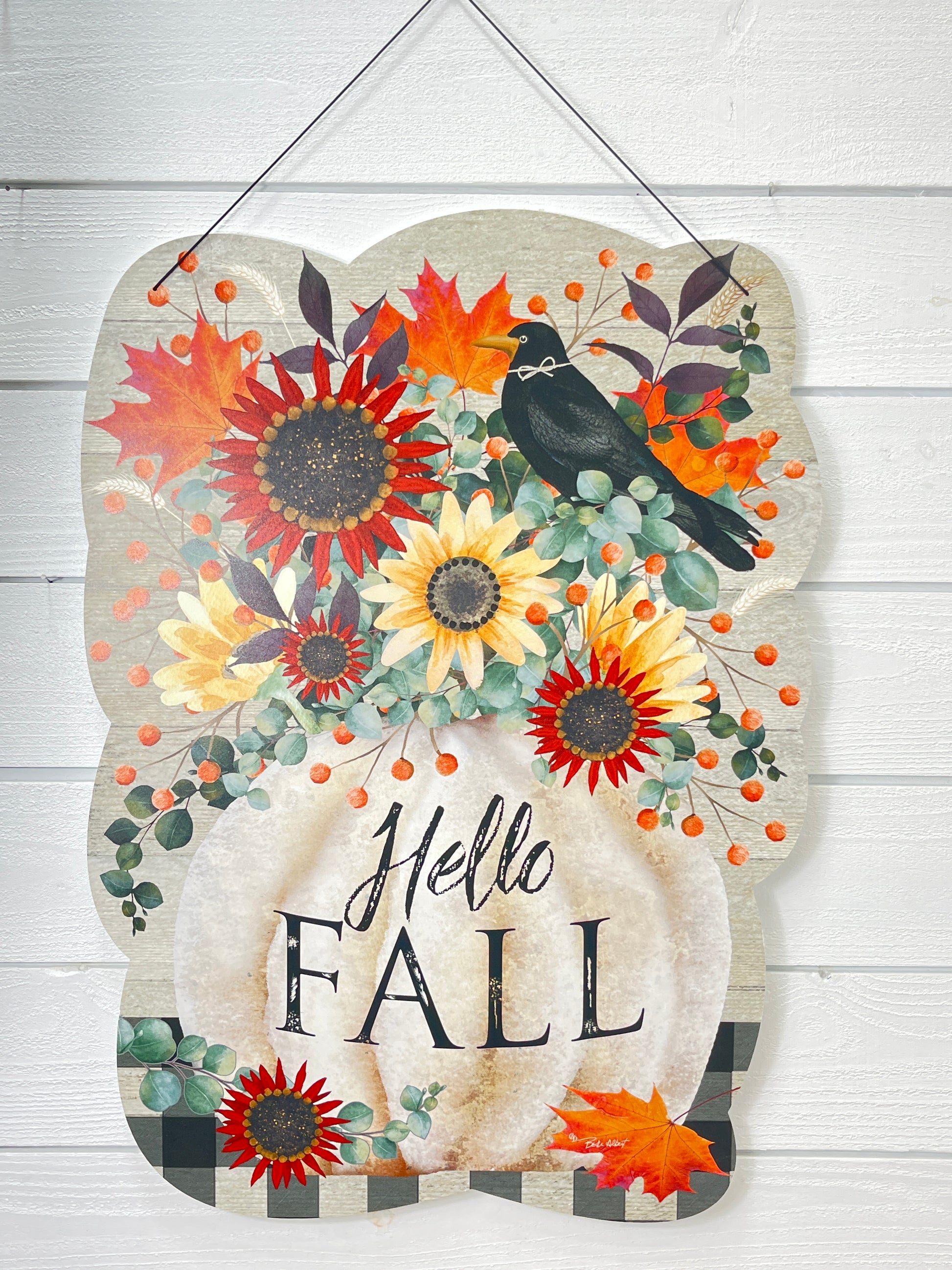 Pumpkin & Crow Hello Fall Hanging Sign