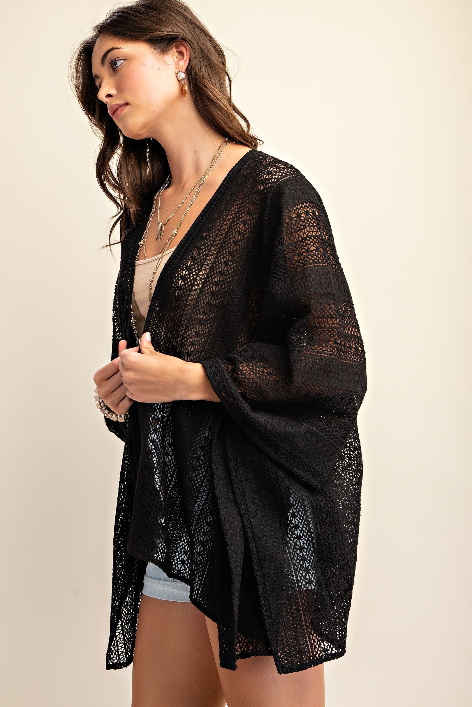 Black Embroidered Open Front Summer Cardigan