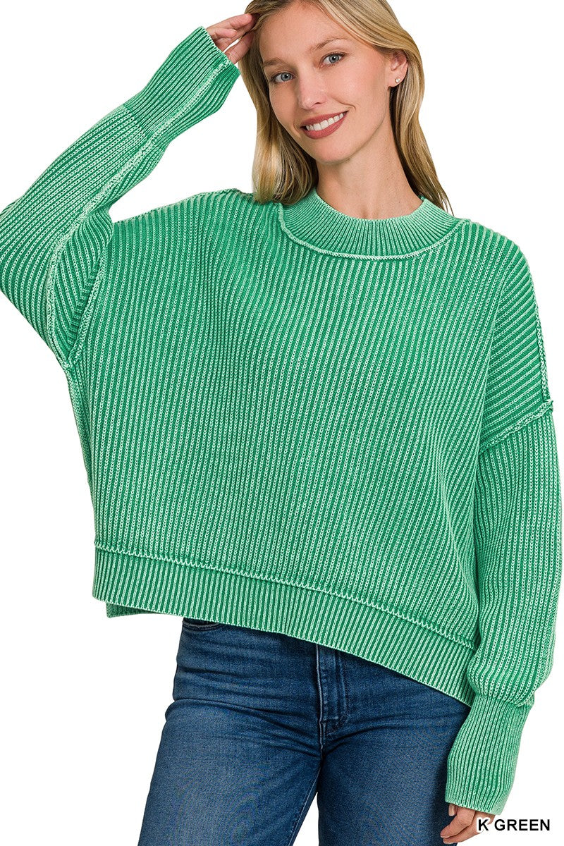 Washed Side Slit Oversized Cropped Sweater