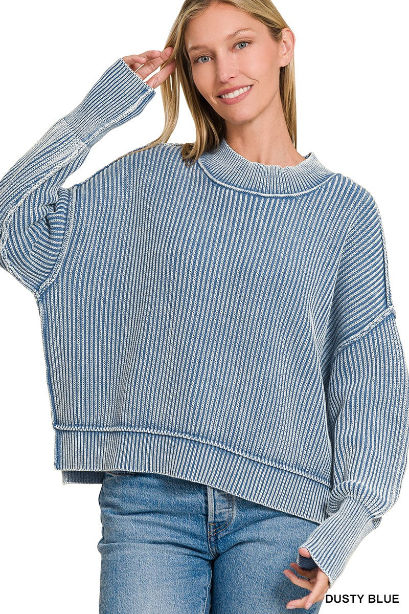 Washed Side Slit Oversized Cropped Sweater