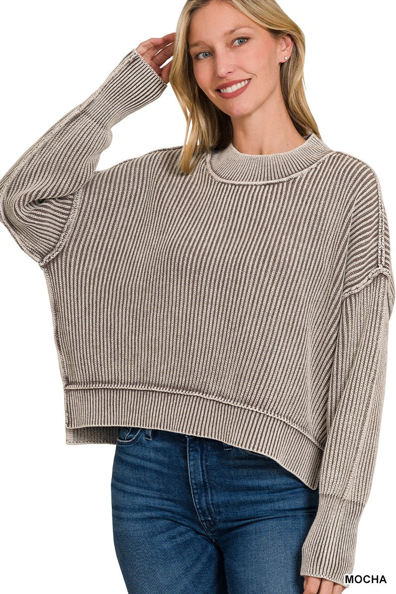 Washed Side Slit Oversized Cropped Sweater
