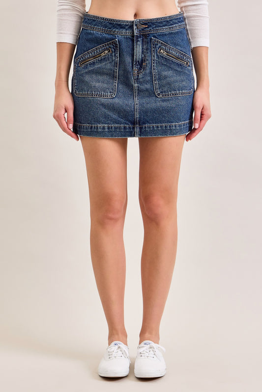 Hidden Jeans Dark Wash Front Patch Pockets Mid-rise Mini Skirt