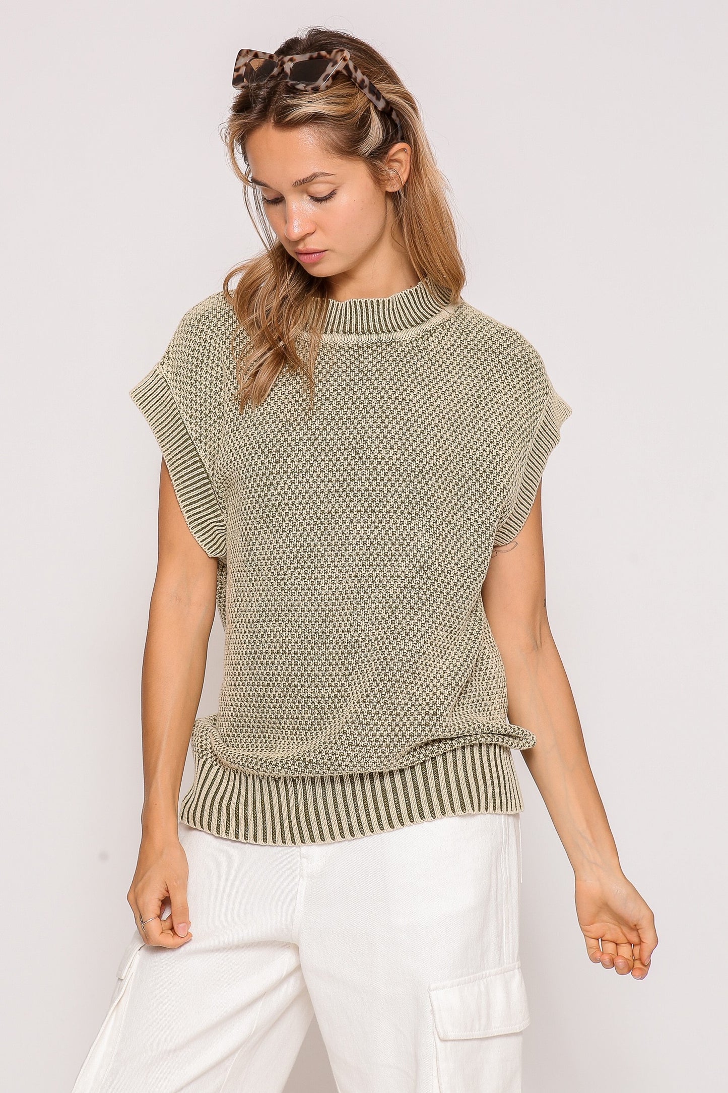 Cap Sleeve Round Neck Mineral Wash Sweater