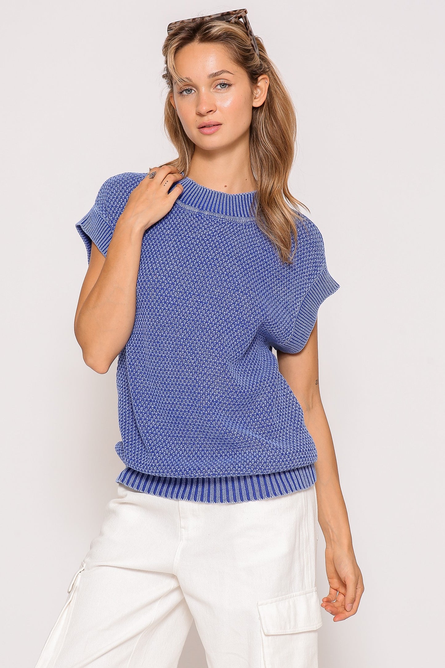 Cap Sleeve Round Neck Mineral Wash Sweater