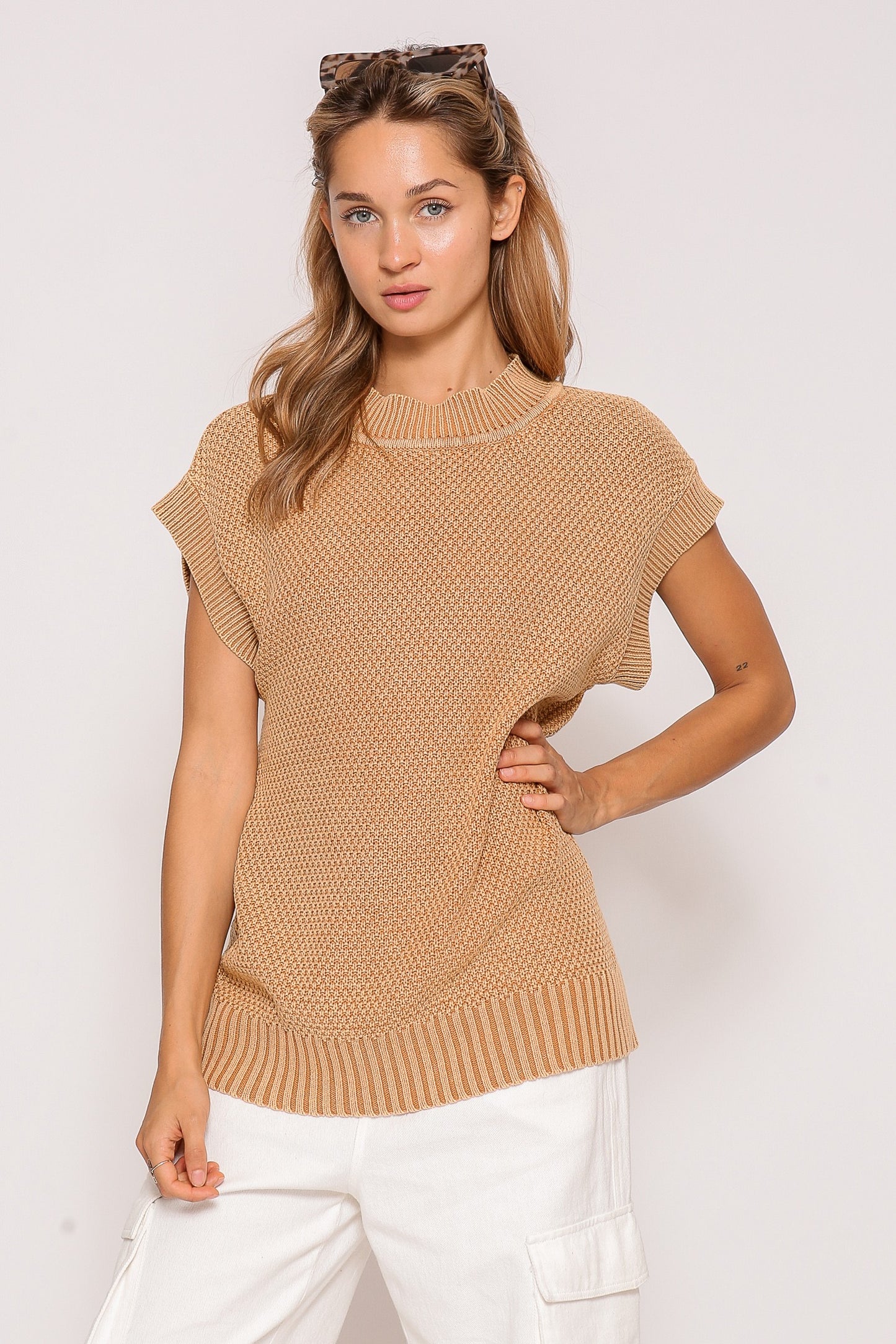 Cap Sleeve Round Neck Mineral Wash Sweater