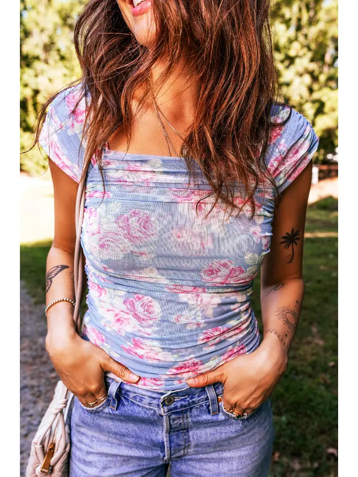 Sky Blue Square Neck Ruched Floral Mesh Top