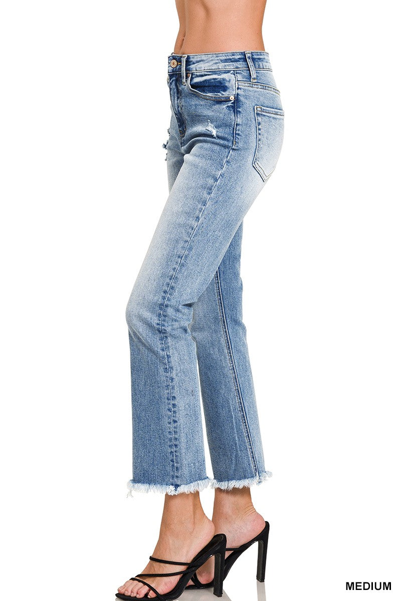High Rise Straight Raw Hem Cropped Denim Pants