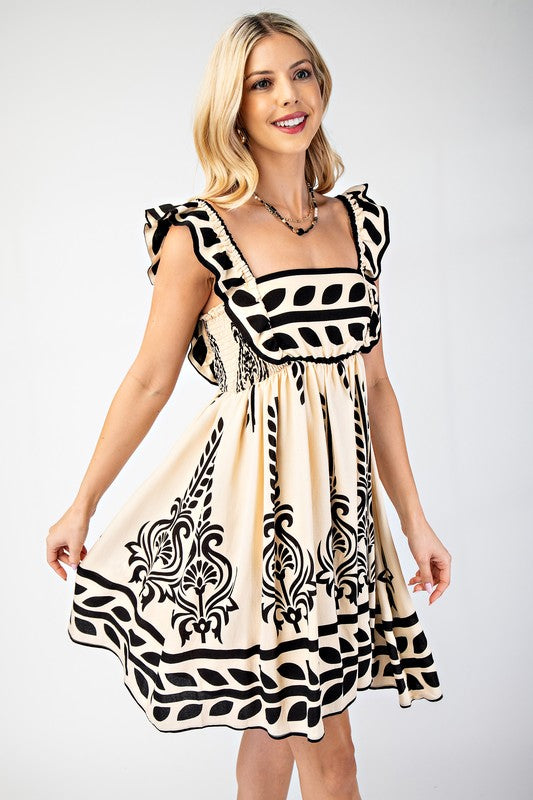 Beige and Black Printed Ruffle Strap Babydoll Dress