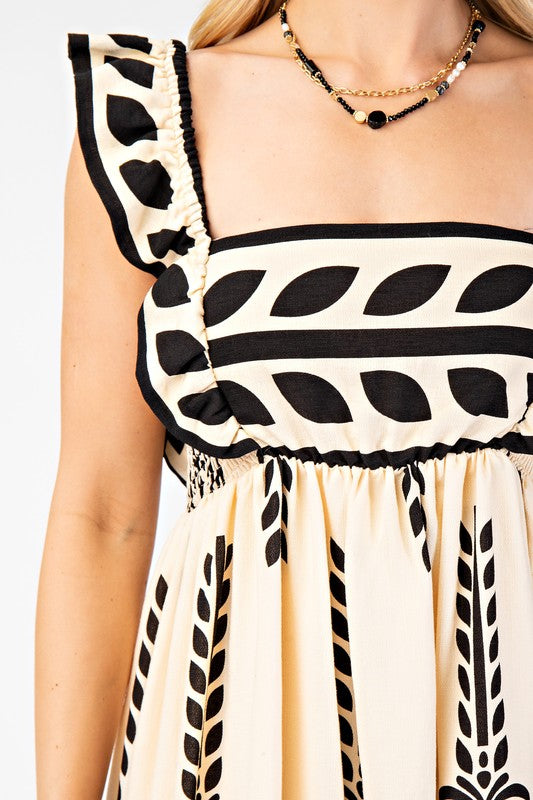 Beige and Black Printed Ruffle Strap Babydoll Dress