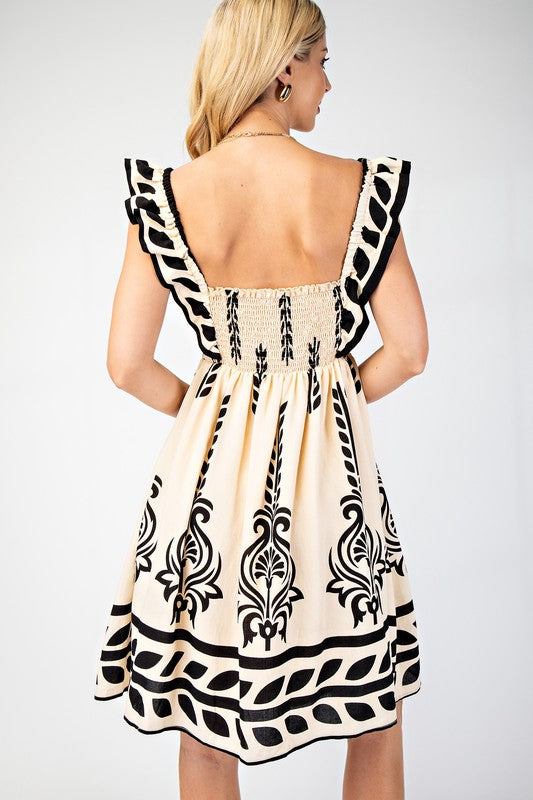 Beige and Black Printed Ruffle Strap Babydoll Dress