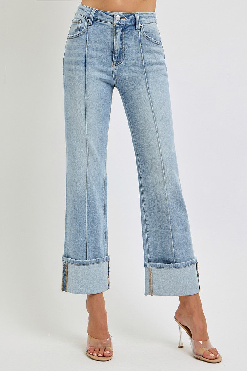 High Rise Ankle Straight Wide Cuffed Jeans