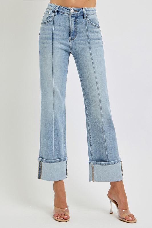 High Rise Ankle Straight Wide Cuffed Jeans