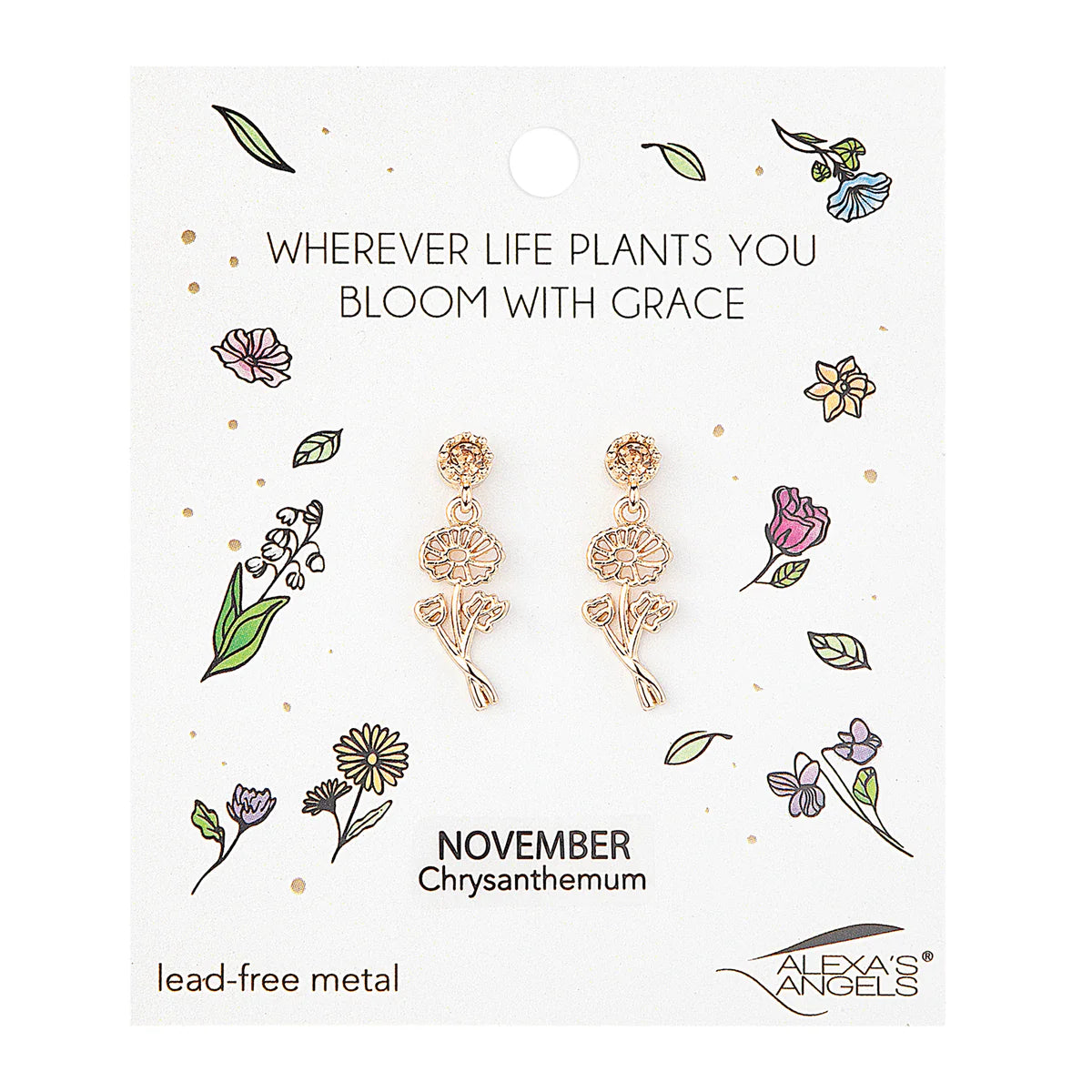 Gold Tone Birth Month Flower Earrings