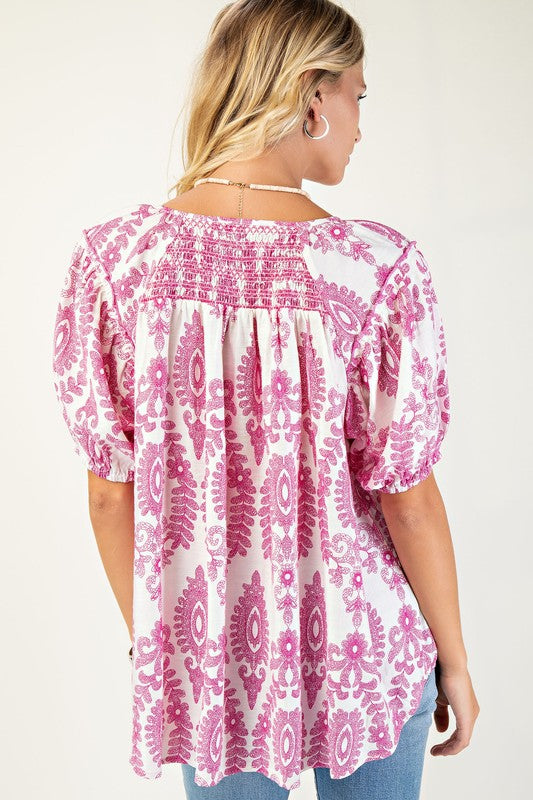 Demask Patterned Pink And White Puff Short Sleeve Top
