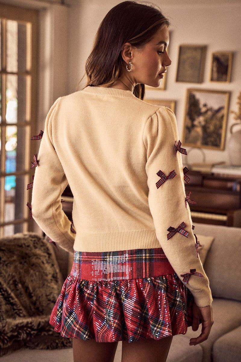 Holiday Christmas Plaid Bow Ribbon Sweater Top