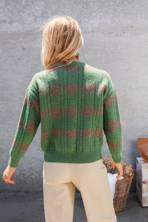 Green & Brown Cozy Checkered Knit Sweater