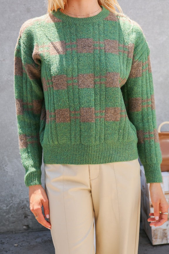 Green & Brown Cozy Checkered Knit Sweater