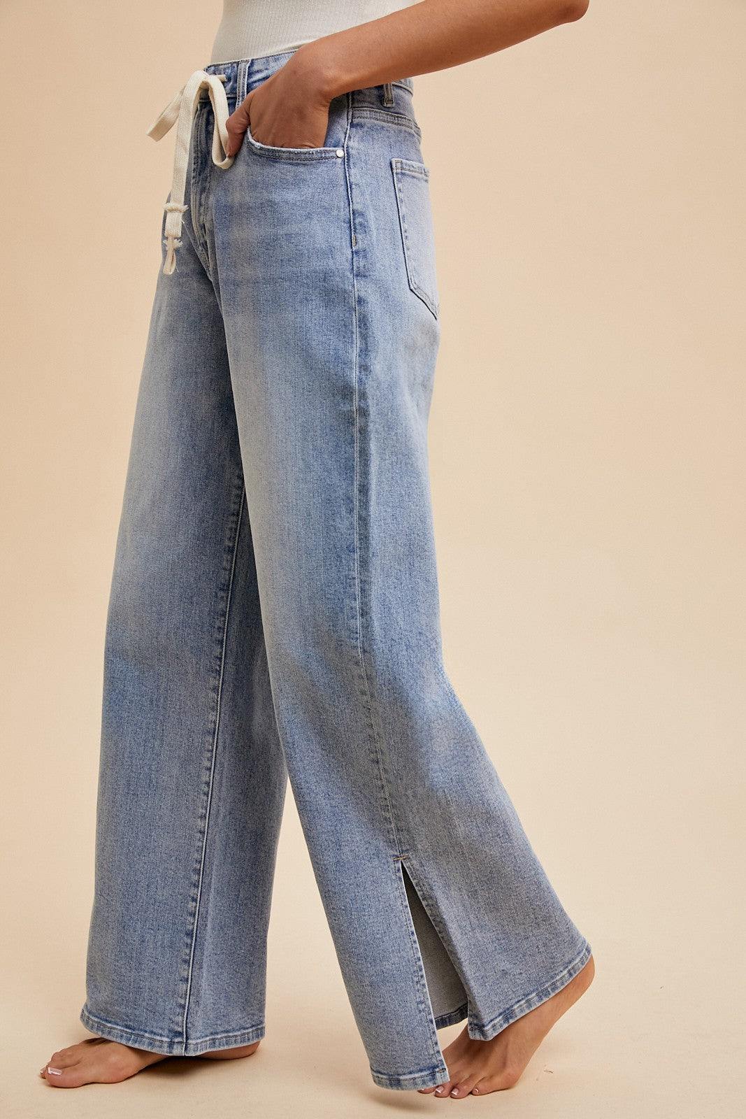 Waist Strap Detail Side Slit Wide Leg Jean