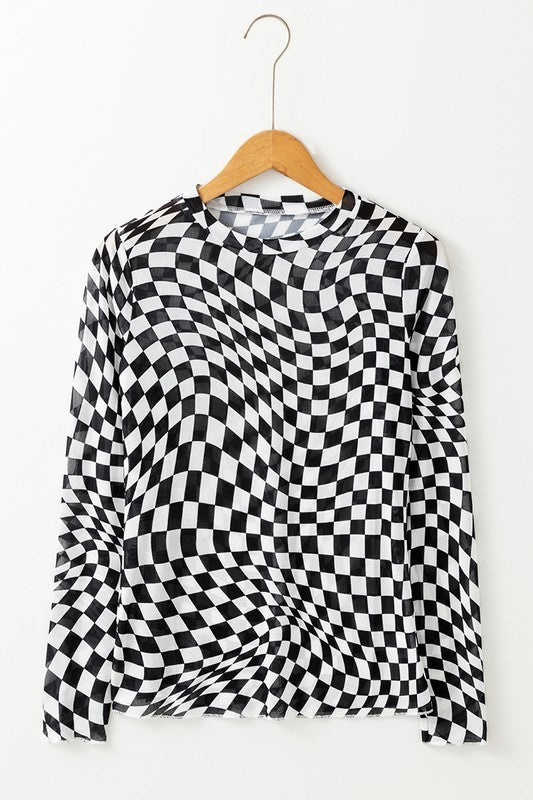 Checkered Pattern Mesh Sheer Round Neck Long Sleeve Top