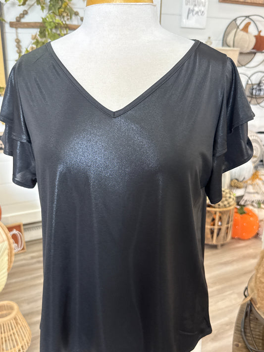 Black Shimmer Metallic Foil Short Sleeve Top