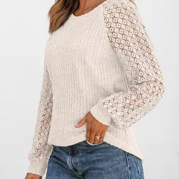 Women's Lace Sleeve Ribbed Knit Crew Neck Sweater Top- Apricot