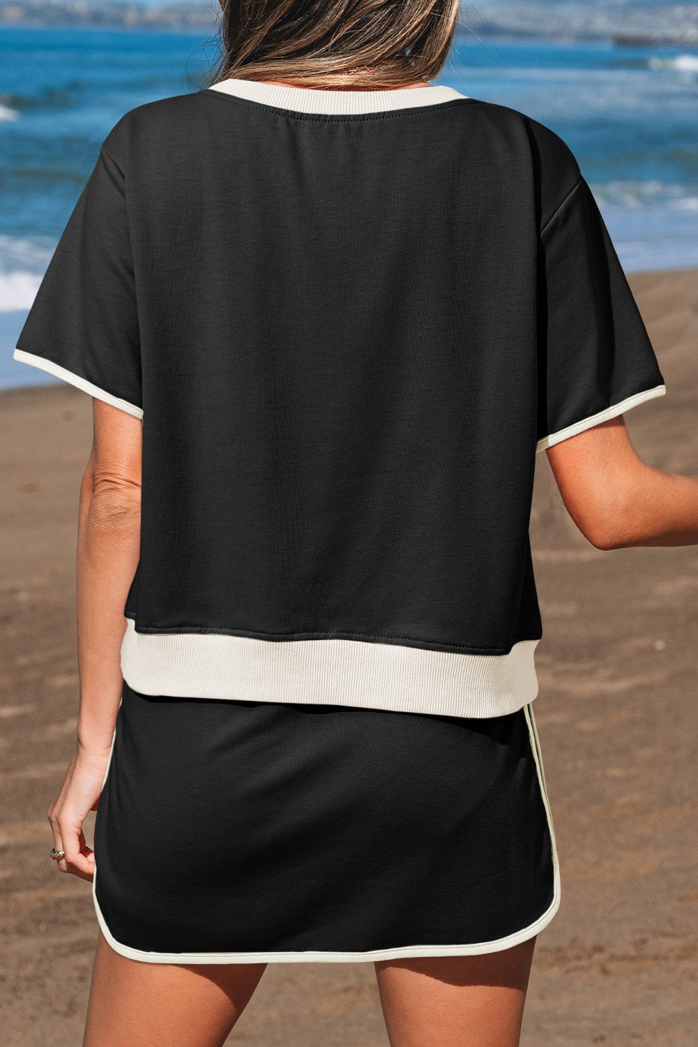 Colorblock Edge Drop Shoulder T-Shirt & Skirt Sets