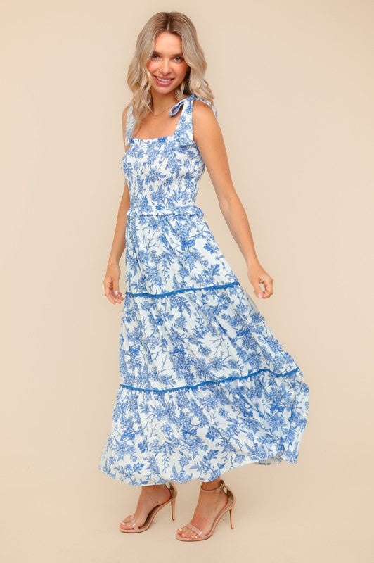 Floral Ruffle Smocked Sweetheart Neckline Maxi Dress