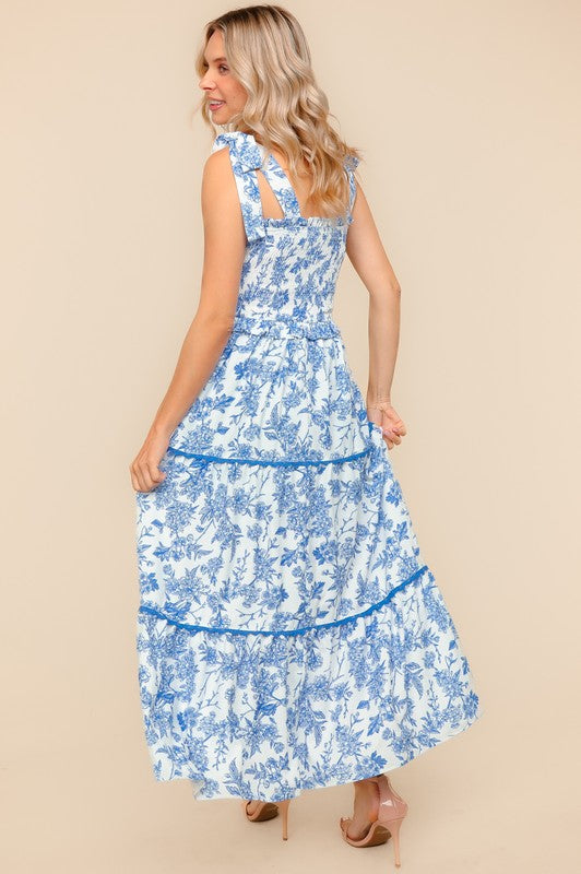 Floral Ruffle Smocked Sweetheart Neckline Maxi Dress