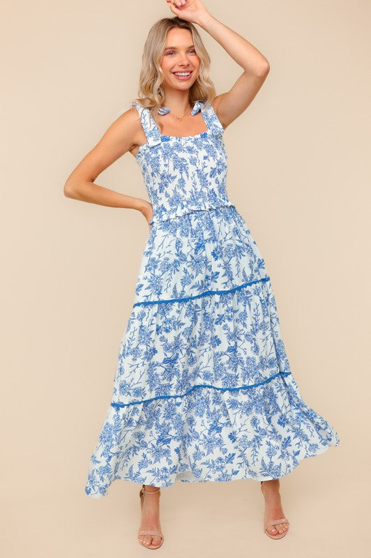 Floral Ruffle Smocked Sweetheart Neckline Maxi Dress
