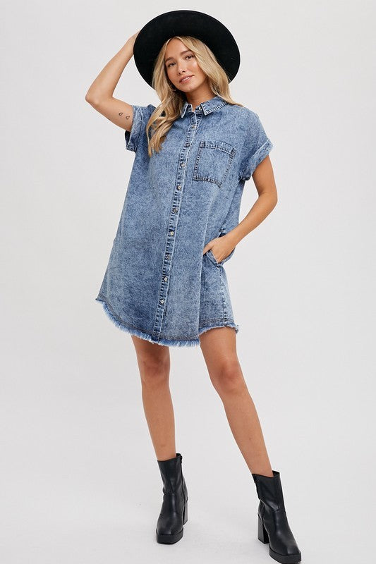 Button Up Frayed Hem Denim Shirt Dress