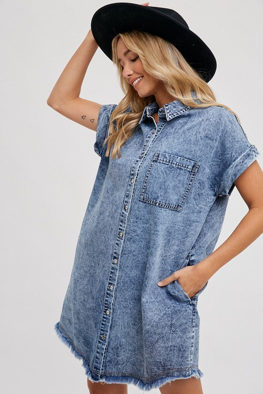 Button Up Frayed Hem Denim Shirt Dress Small