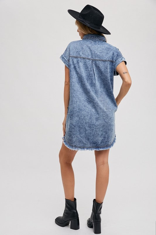Button Up Frayed Hem Denim Shirt Dress