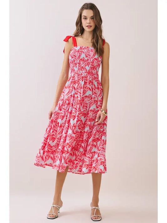 Red Floral Print Tiered Hem Midi Dress