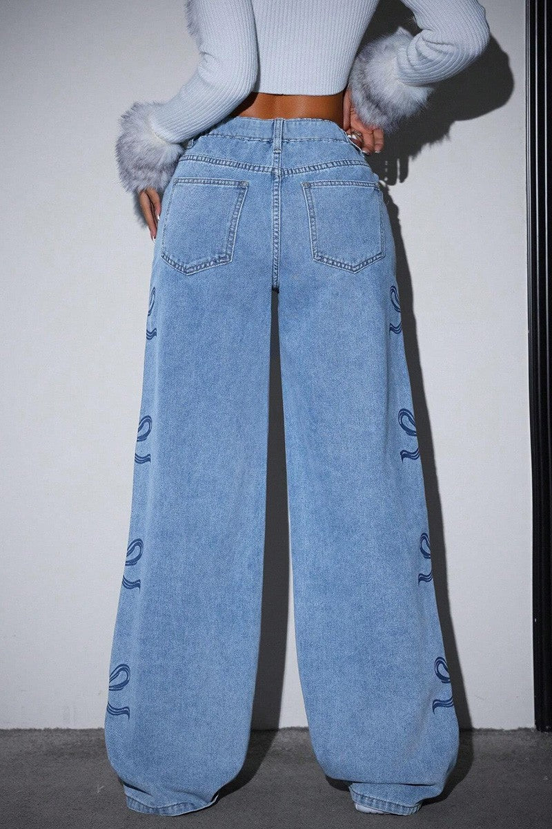 Bow Print Wide-leg Jeans