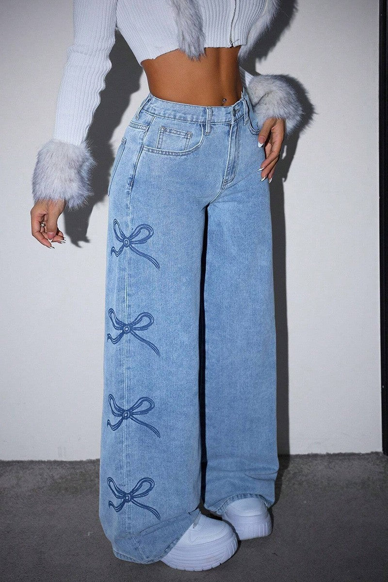 Bow Print Wide-leg Jeans